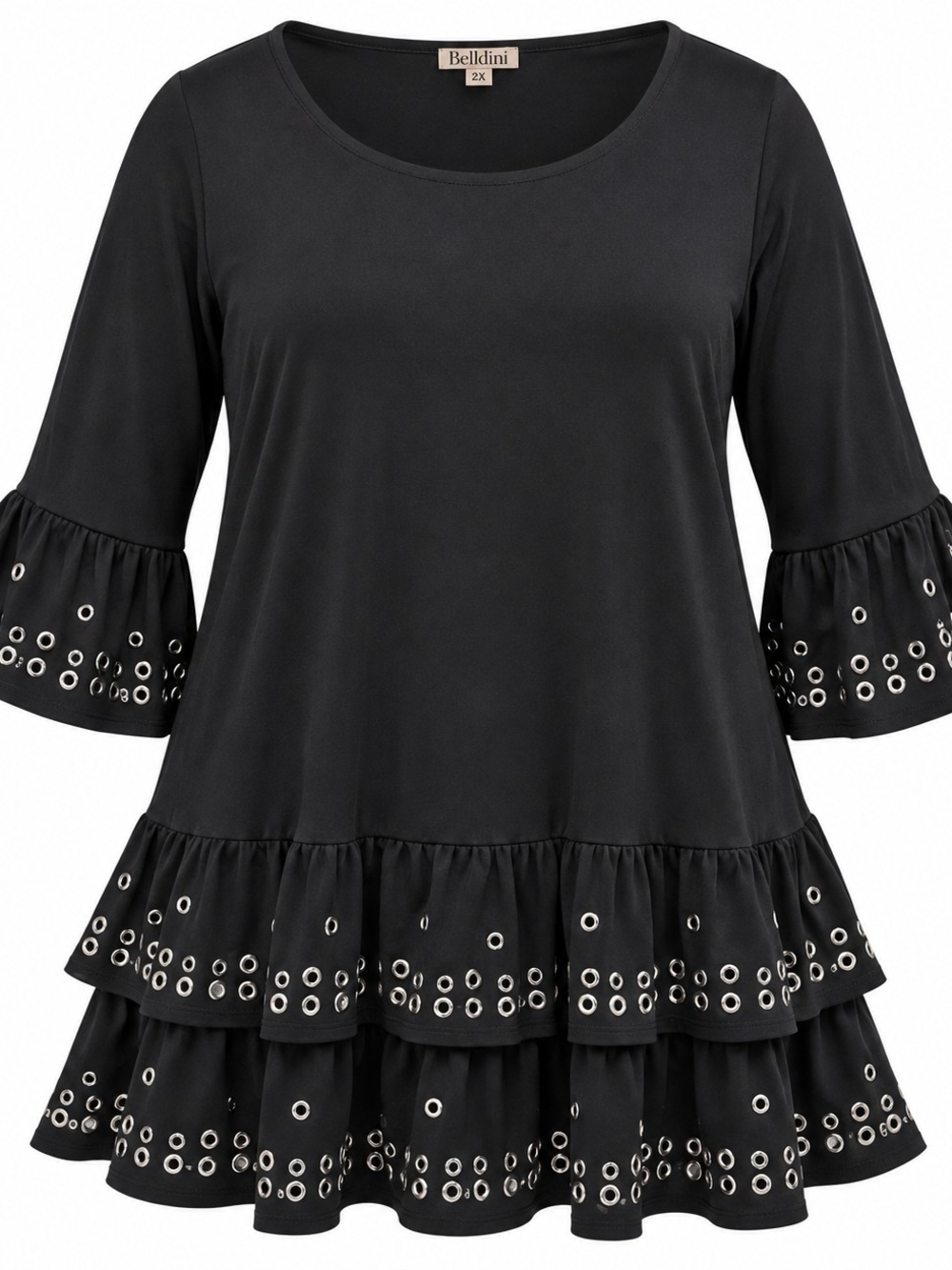 BELLDINI | Black Grommet Tiered Ruffle Bell Sleeve Tunic Blouse Plus | 2X